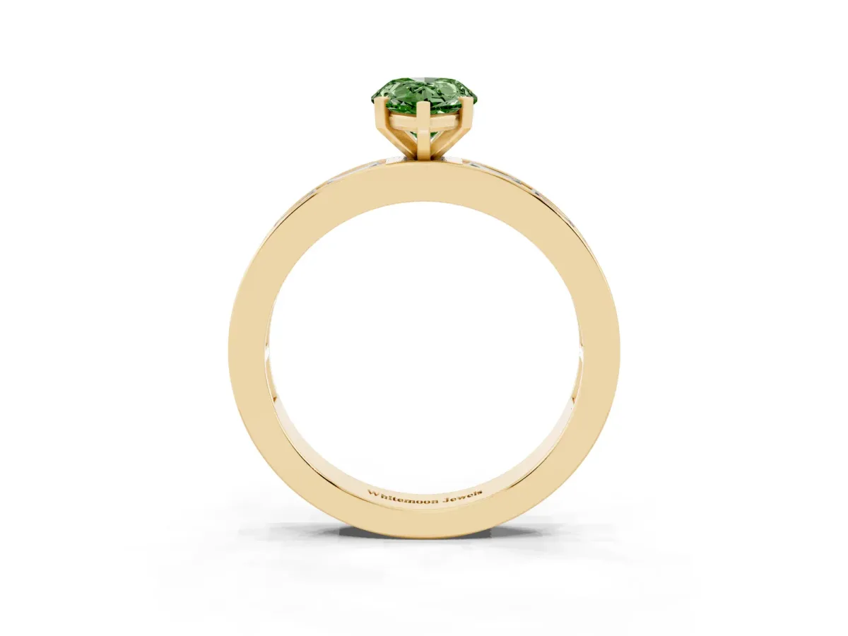 Fancy Green Pear Cut Solitaire Diamond Ring with Channel-Set Baguette Band and Four-Prong Setting Yellow gold