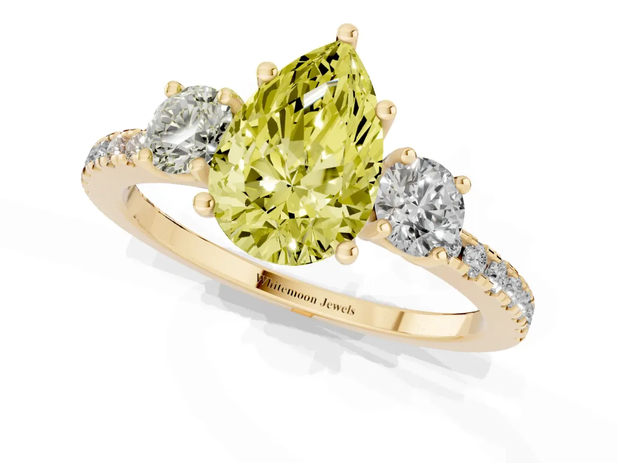 Fancy Yellow Three-Stone Pear Cut Cut Diamond Pavé Band with Prong Setting Yellow gold