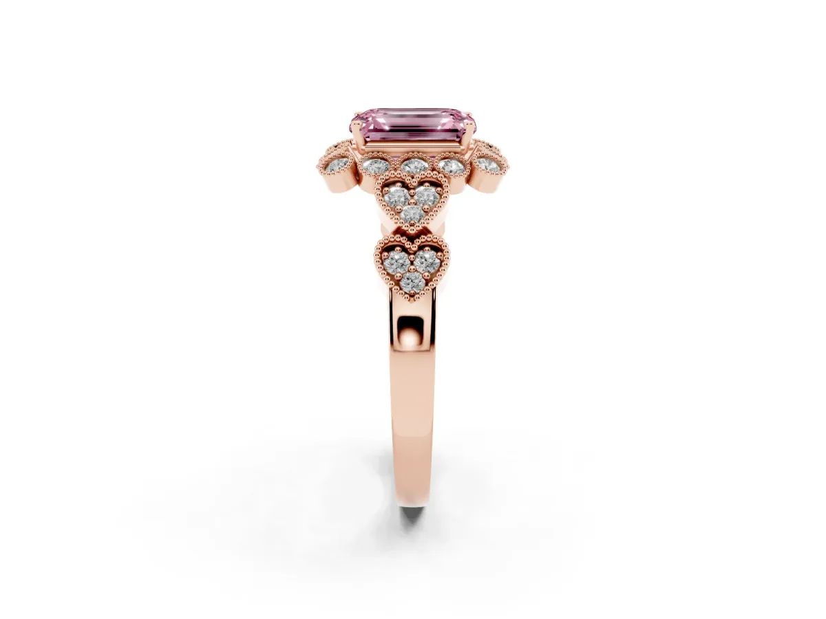 Fancy Pink Emerald Cut Brilliant Milgrain Pave Heart Band Solitaire Ring Rose gold