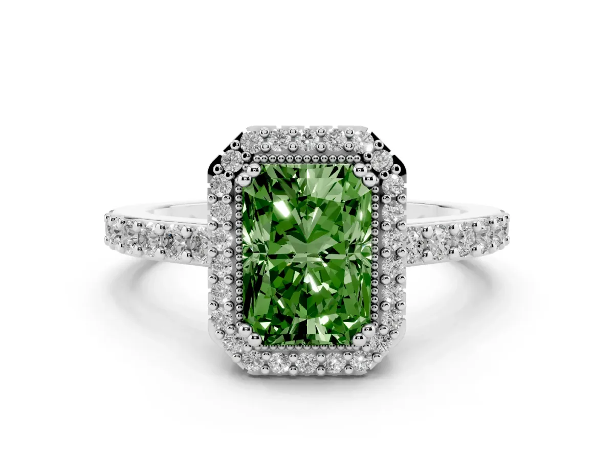 Fancy Green Radiant Cut Cut Diamond Halo Engagement Ring with Milgrain Detail and Pavé Band Silver