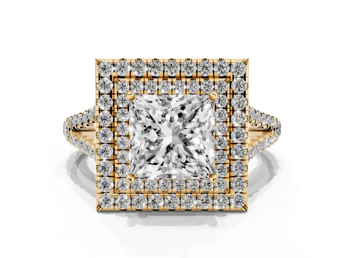 Princess Cut Diamond Double Halo Ring with Pavé Band and Prong Setting Yellow gold