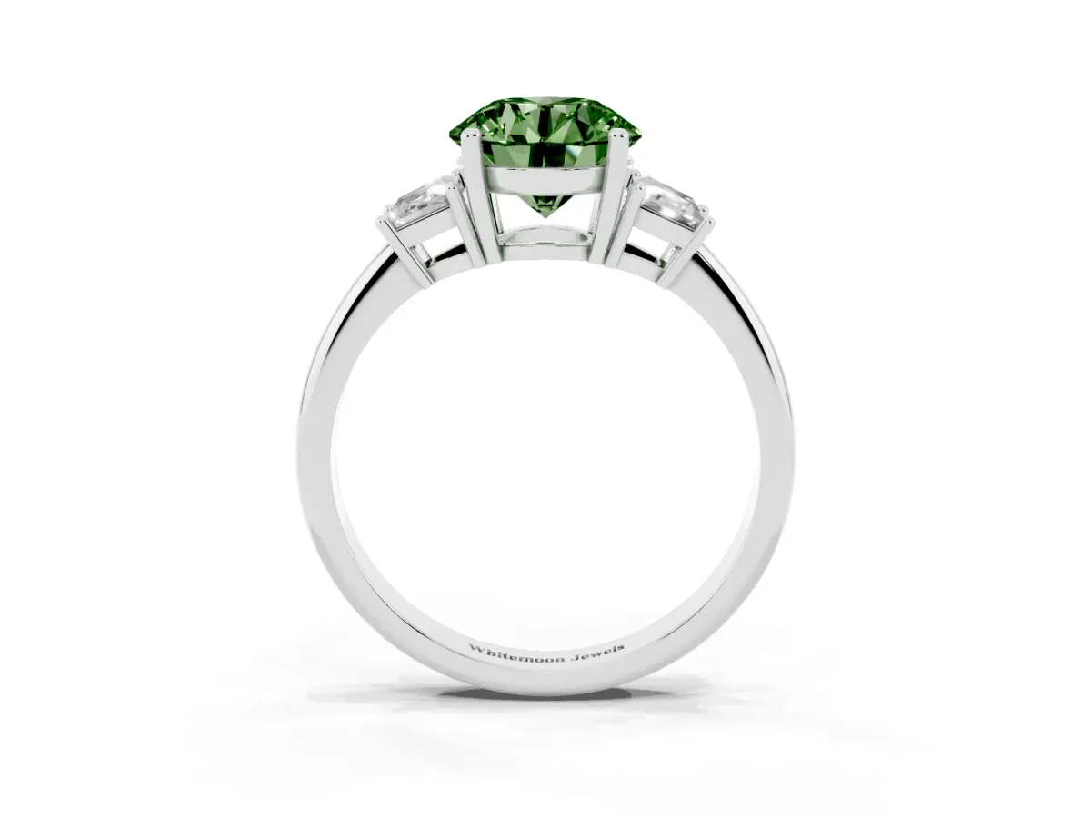 Fancy Green Round Cut Diamond Three-Stone Ring with Trapezoid Side Stones and Prong Setting Silver