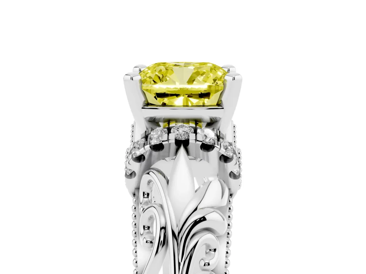 Fancy Yellow Cushion Cut Solitaire Filigree Engagement Ring with Halo and Prong Setting Silver