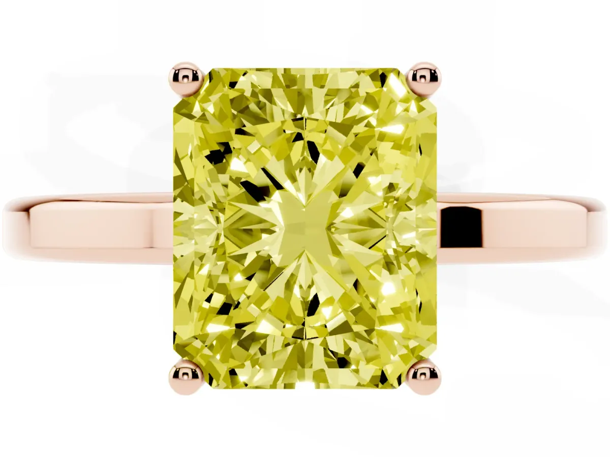 Fancy Yellow Radiant Cut Cut Solitaire Engagement Ring with Four-Prong Setting on a Classic Band Rose gold