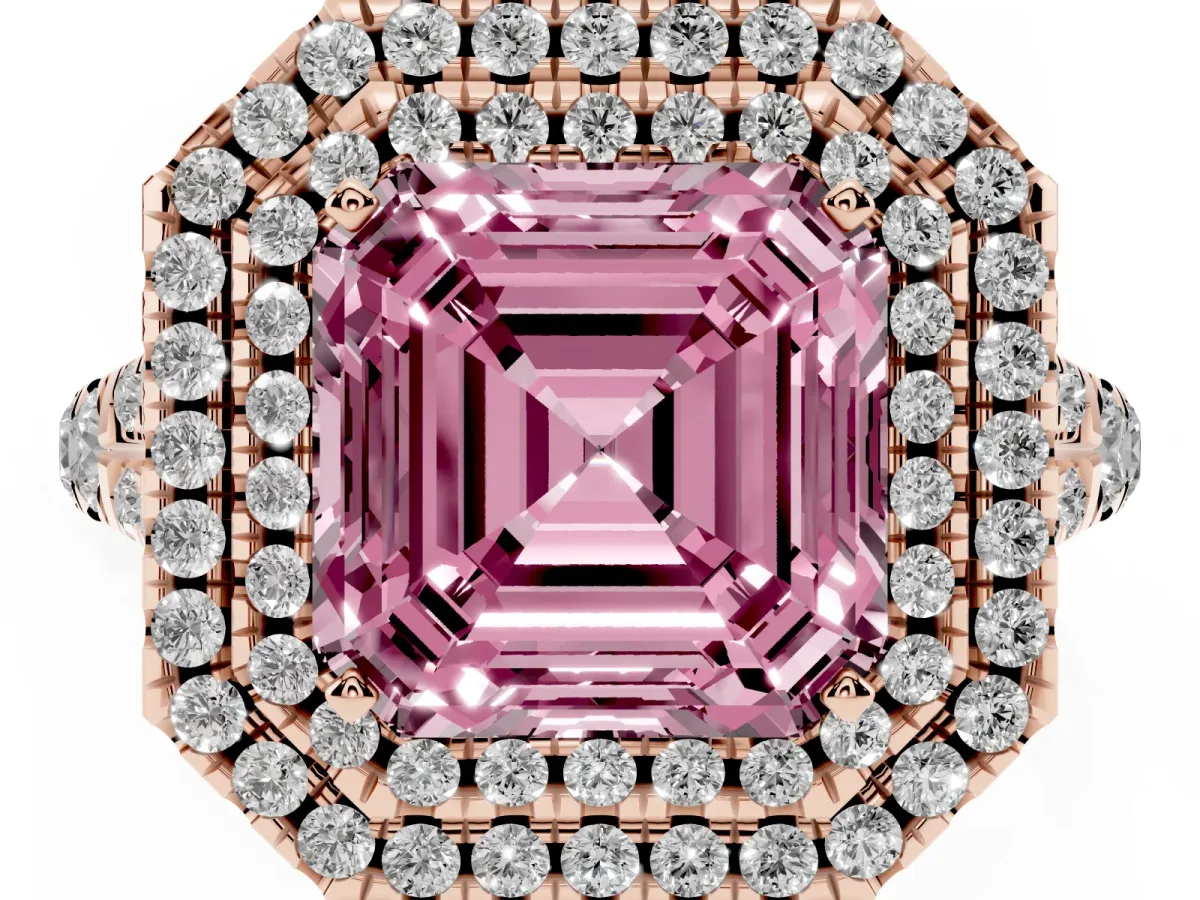 Fancy Pink Asscher Cut Diamond Pavé Split Shank Double Halo Engagement Ring Rose gold