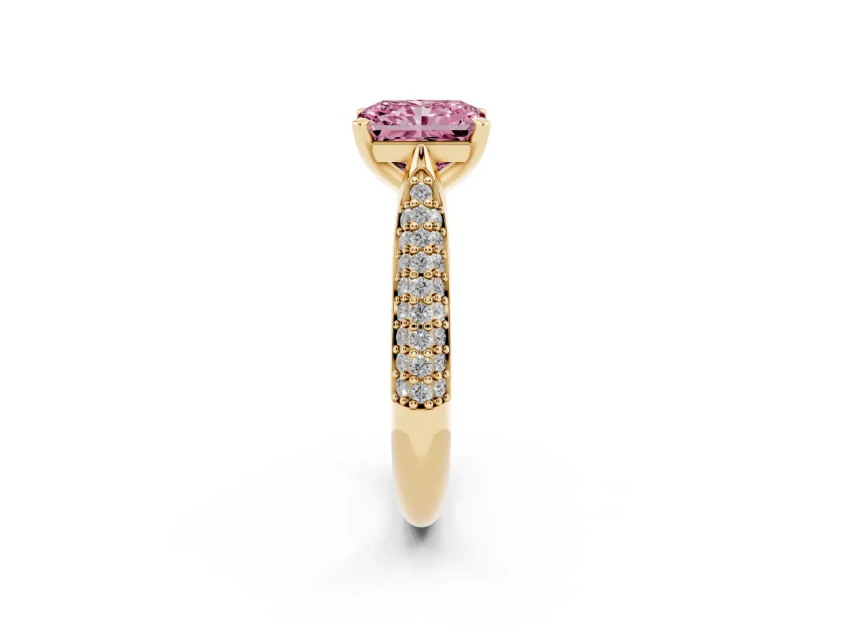Fancy Pink Radiant Cut Diamond Solitaire Engagement Ring with Multi-Row Round Pavé Band and Prong Setting Yellow gold