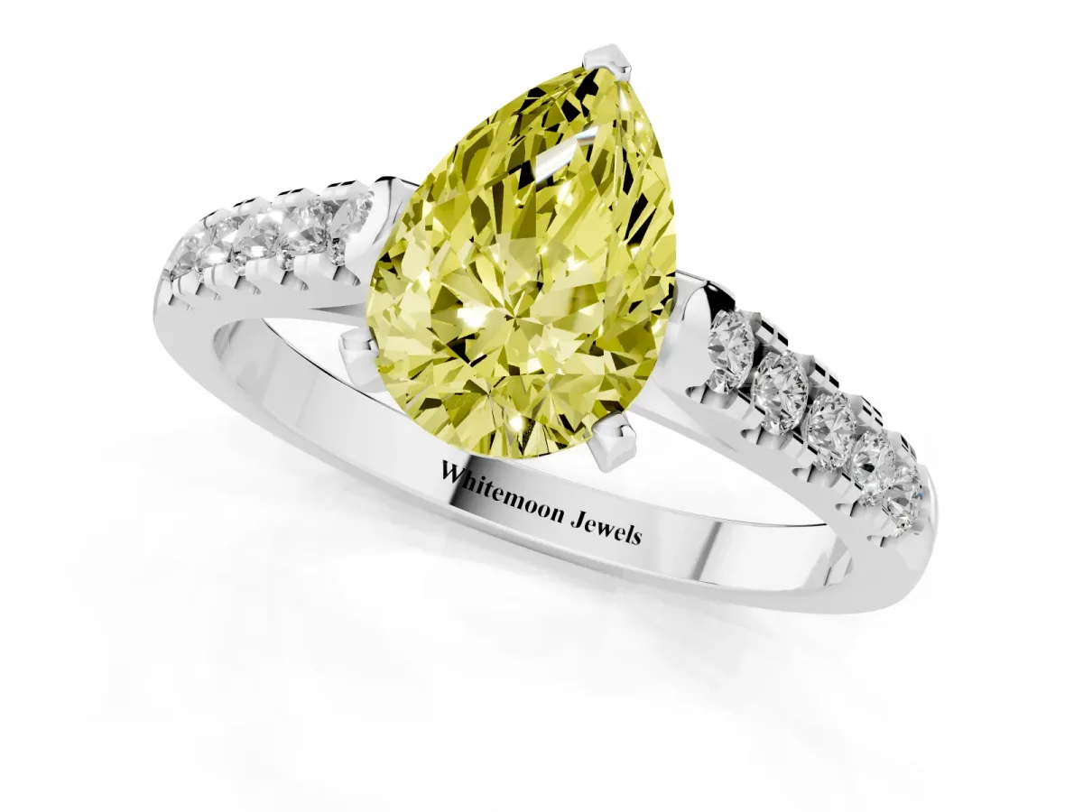 Fancy Yellow Pear Cut Diamond Pavé Band Solitaire Ring with Prong Setting Silver