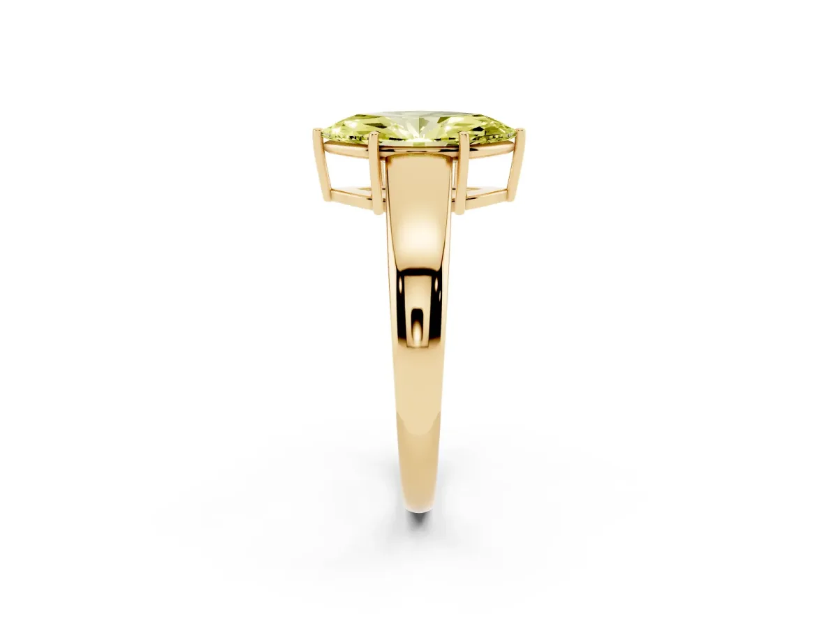 Fancy Yellow Marquise Cut Solitaire Diamond Ring with Tapered Band and Four-Prong Setting Yellow gold
