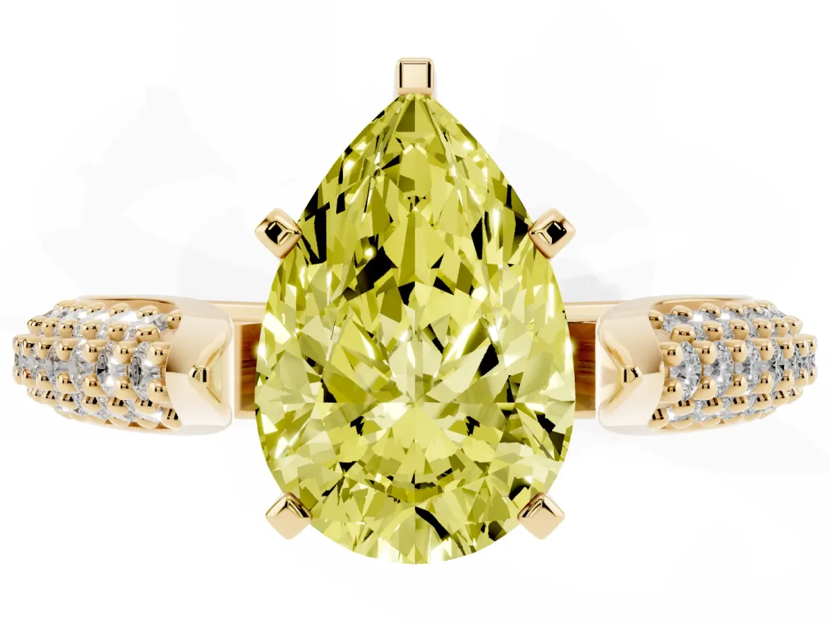 Fancy Yellow Pear Cut Diamond Solitaire Engagement Ring with Multi-Row Round Pavé Band and Prong Setting Yellow gold