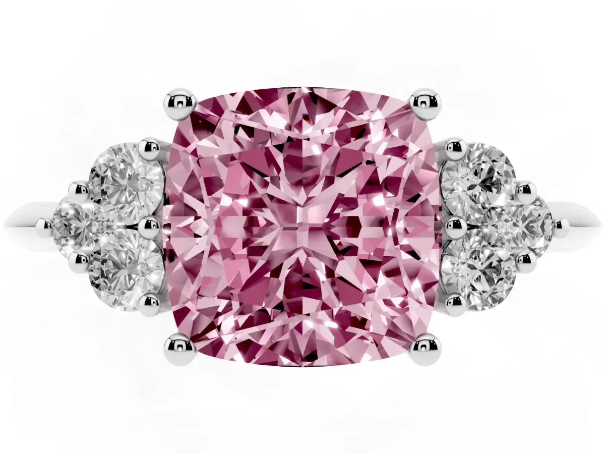 Fancy Pink Cushion Cut Cut Diamond Cluster Ring with Solitaire Band and Four-Prong Setting Silver