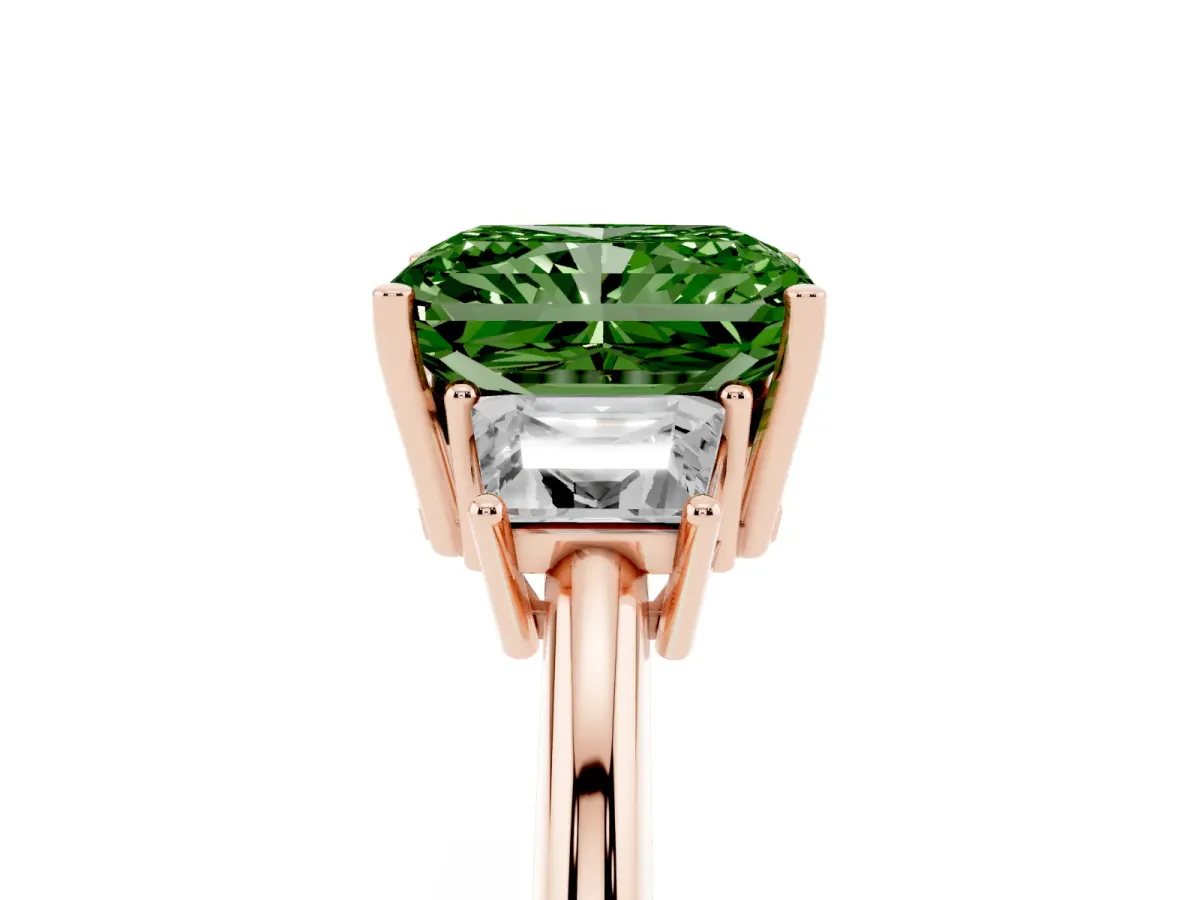 Fancy Green Radiant Cut Diamond Three-Stone Ring with Trapezoid Side Stones and Prong Setting Rose gold