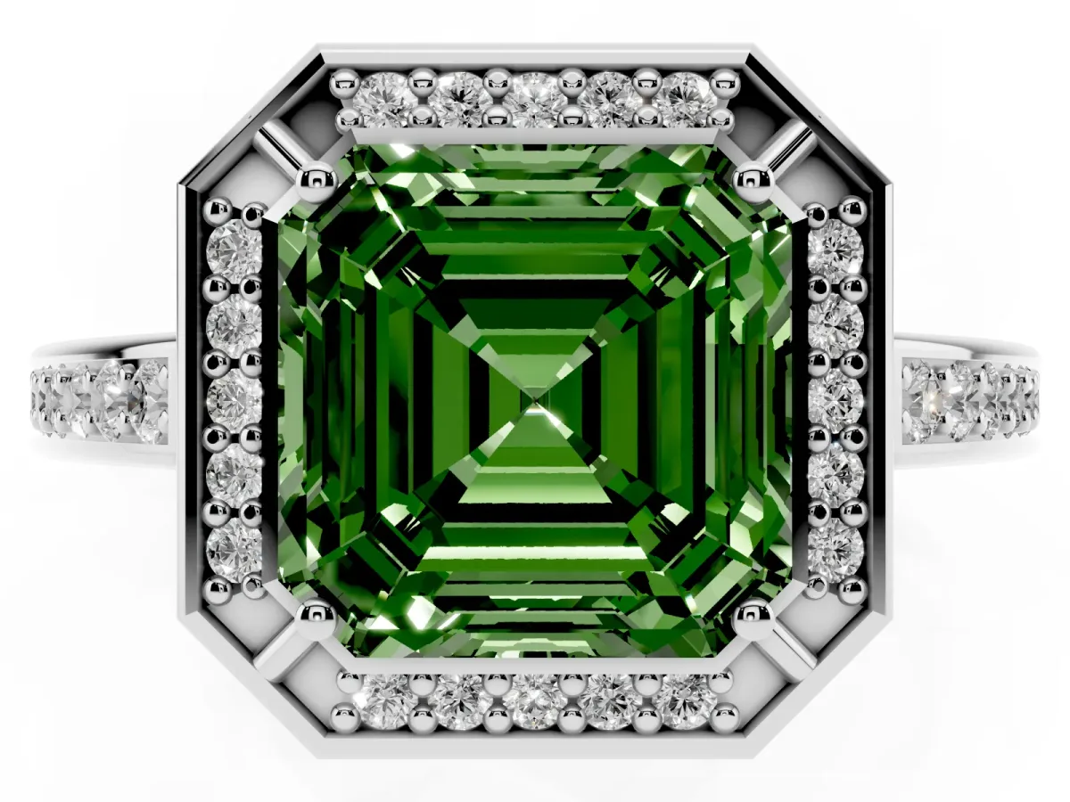 Fancy Green Asscher Cut Cut Halo Pave Split Shank Prong Setting Ring Silver