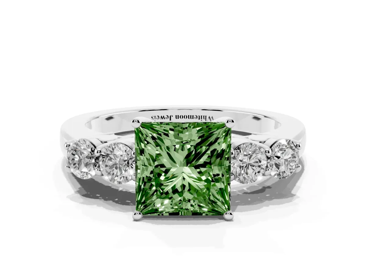 Fancy Green Princess Cut Cut Diamond Five-Stone Prong Set White Gold Ring Silver