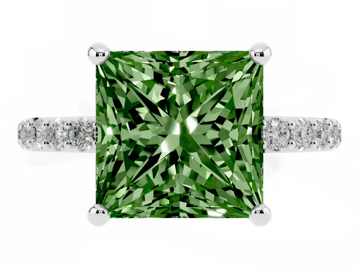 Fancy Green Princess Cut Diamond Solitaire Ring with Round Pavé Band and Prong Setting Silver