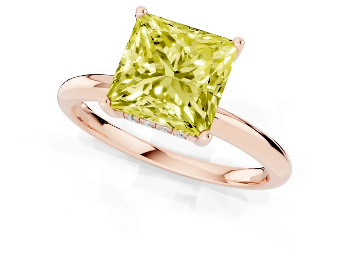 Fancy Yellow Princess Cut Cut Solitaire Engagement Ring with Four-Prong Setting and Classic Band Rose gold