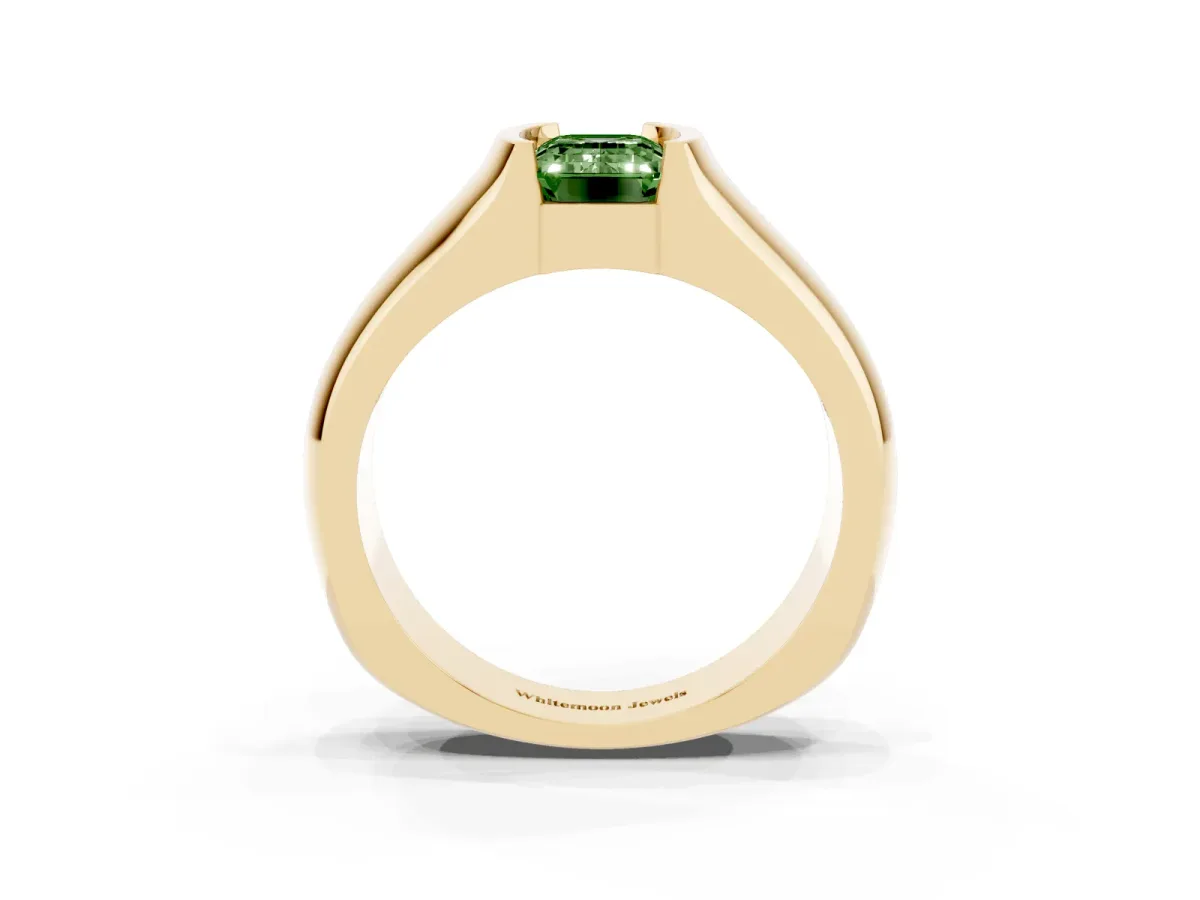 Fancy Green Emerald Cut Solitaire Bezel Set Diamond Ring with Wide Band Yellow gold