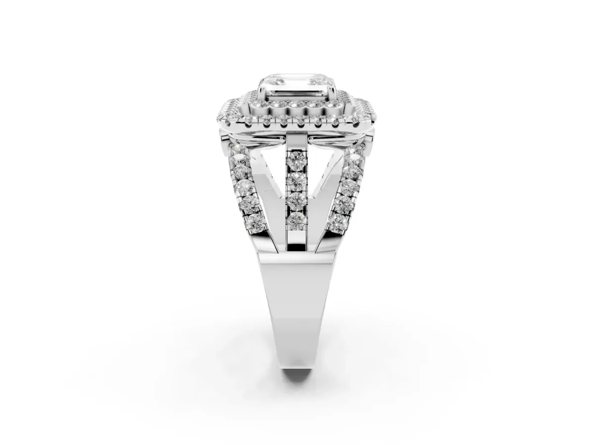 Asscher Cut Diamond Double Halo Ring with Round Pavé Split Shank and Prong Setting Silver