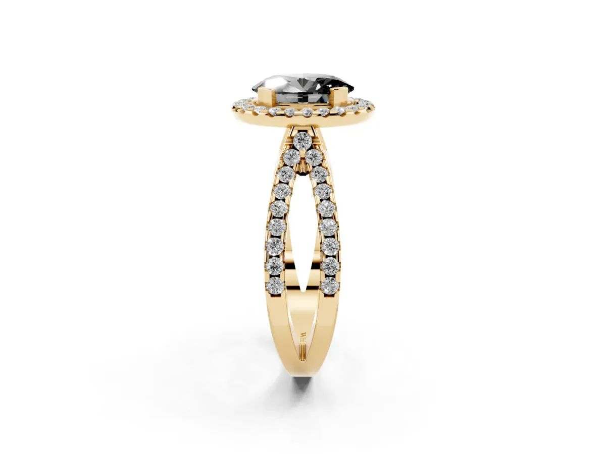 Fancy Black Oval Cut Diamond Halo Ring with Split Shank Pavé Band and Prong Setting Yellow gold