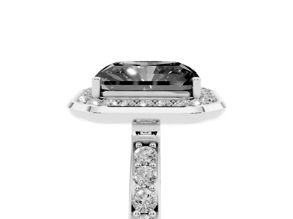 Fancy Black Radiant Cut Diamond Halo Ring with Bezel Frame and Pavé Band Silver