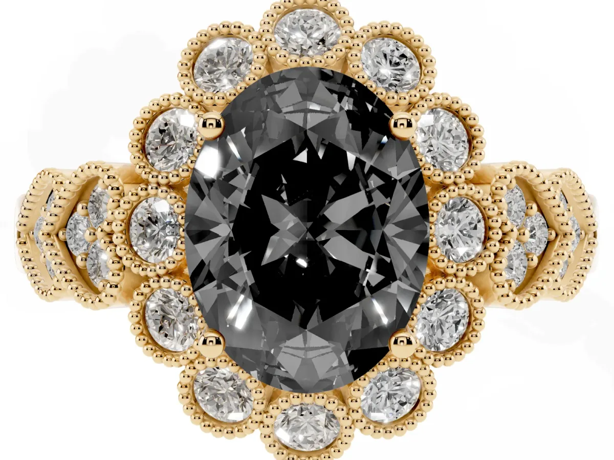 Fancy Black Oval Cut Brilliant Milgrain Pave Heart Band Solitaire Ring Yellow gold