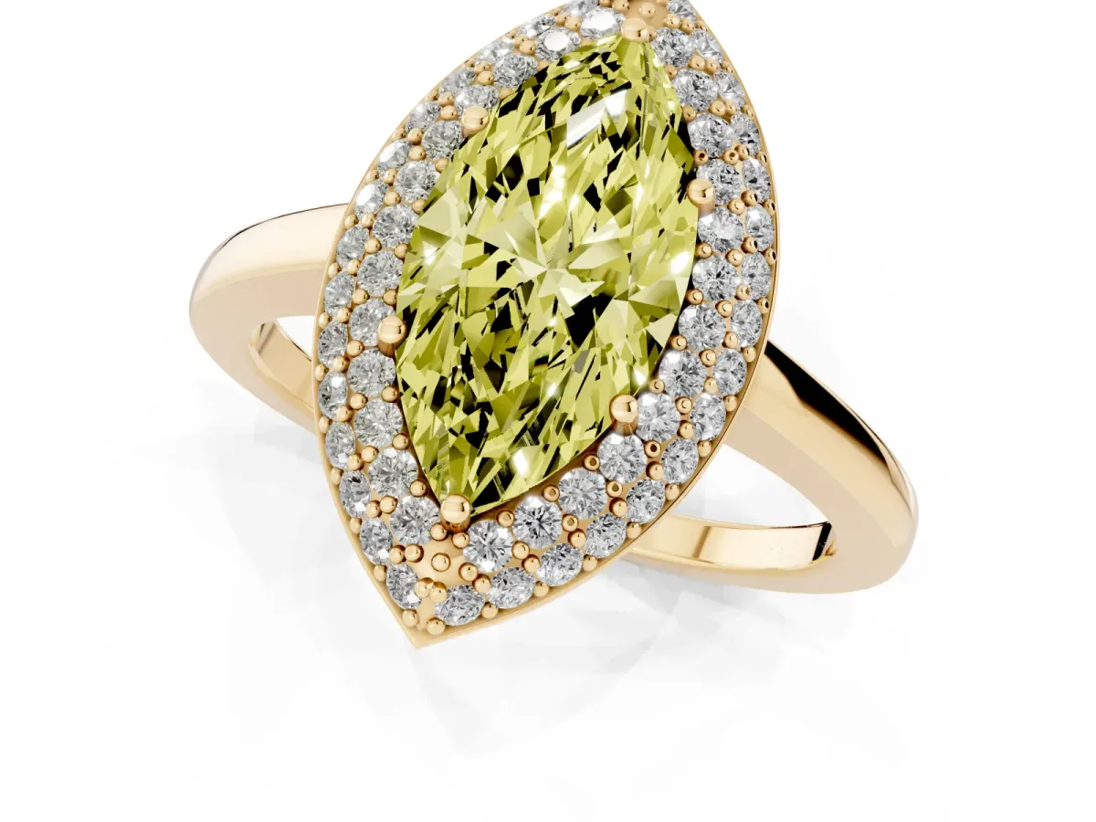 Fancy Yellow Marquise Cut Halo Diamond Engagement Ring with Solitaire Band and Four-Prong Setting Yellow gold
