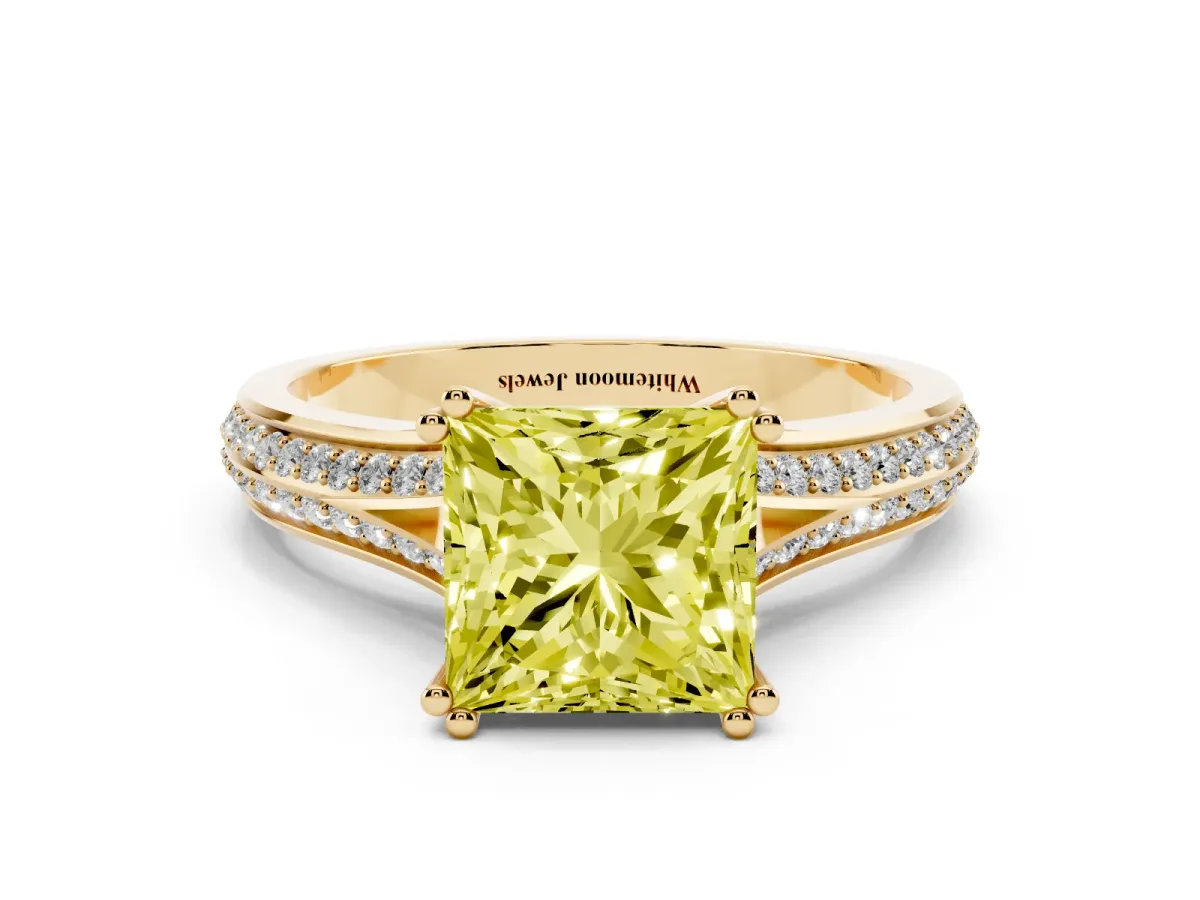 Fancy Yellow Princess Cut Diamond Split Shank Engagement Ring with Pavé Band Yellow gold