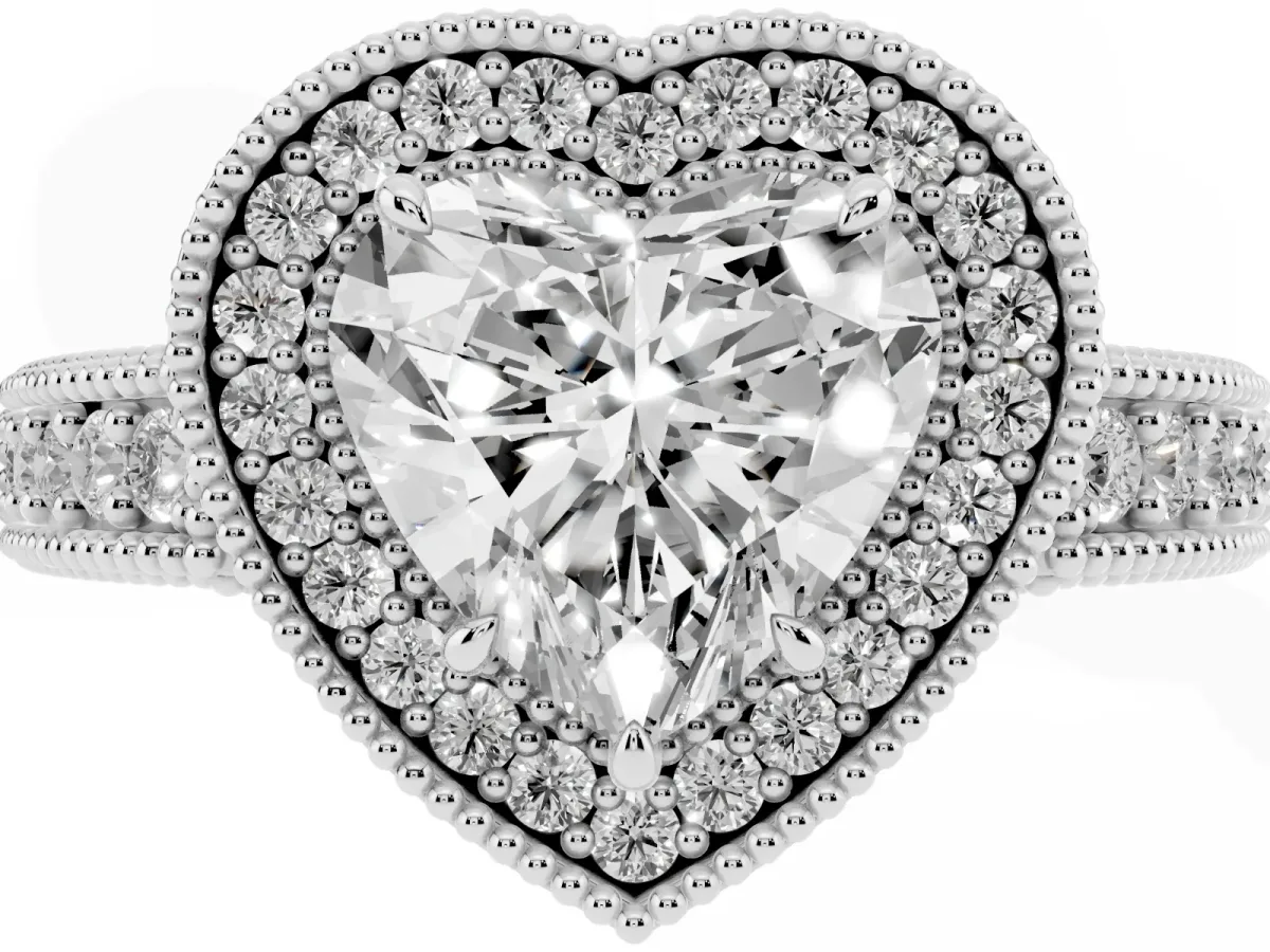 Heart Cut Cut Halo Diamond Ring with Pavé Band and Four-Prong Setting Silver