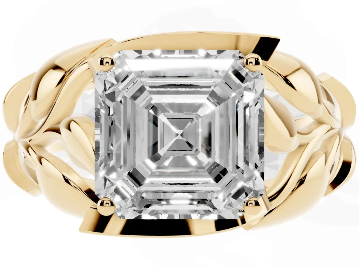 Asscher Cut Diamond Leaf-Inspired Engagement Ring with Round Accents and Prong Setting Yellow gold