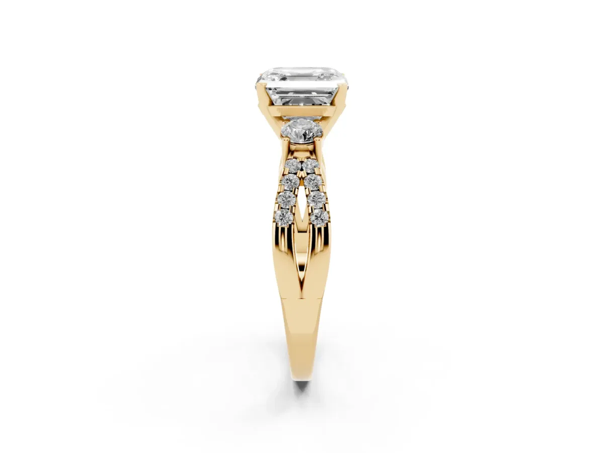 Asscher Cut Diamond Three-Stone Ring with Pavé Split Shank and Four-Prong Setting Yellow gold