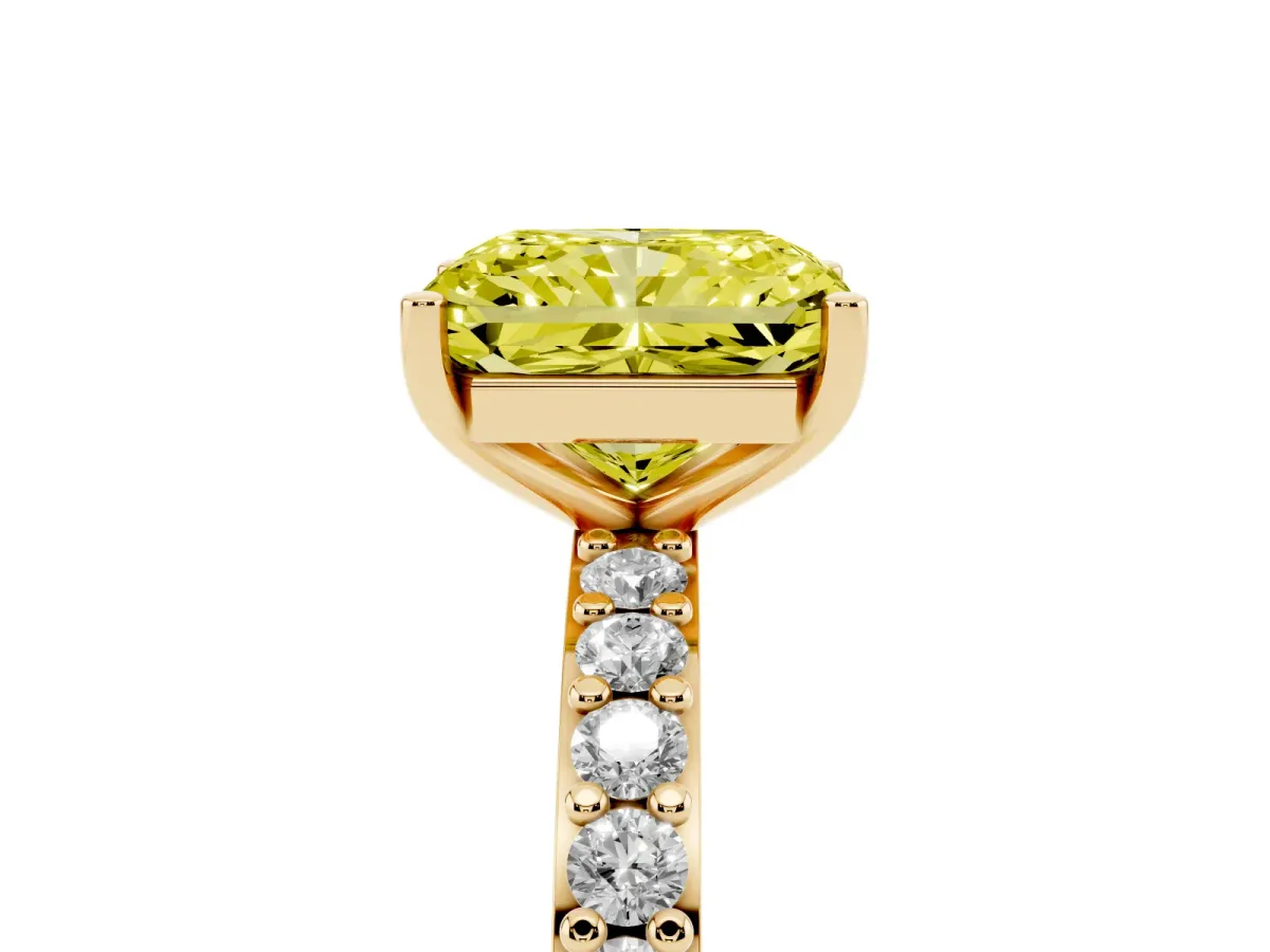 Fancy Yellow Radiant Cut Cut Diamond Solitaire with Pave Band and Four-Prong Setting Yellow gold