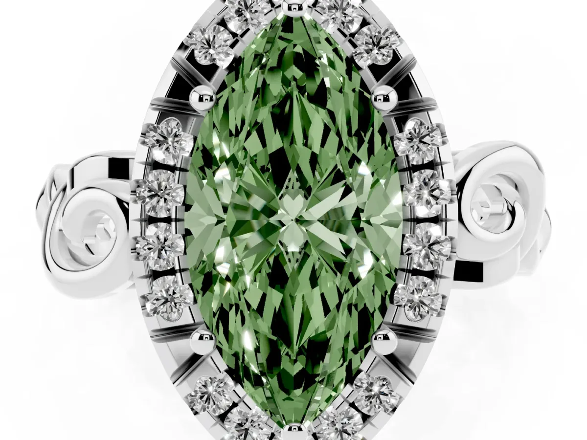 Fancy Green Marquise Cut Cut Halo Diamond Ring with Scrollwork Band and Four-Prong Setting Platinum