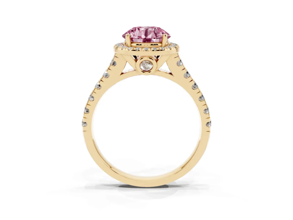 Fancy Pink Round Cut Halo Pavé Diamond Engagement Ring with Four-Prong Setting Yellow gold