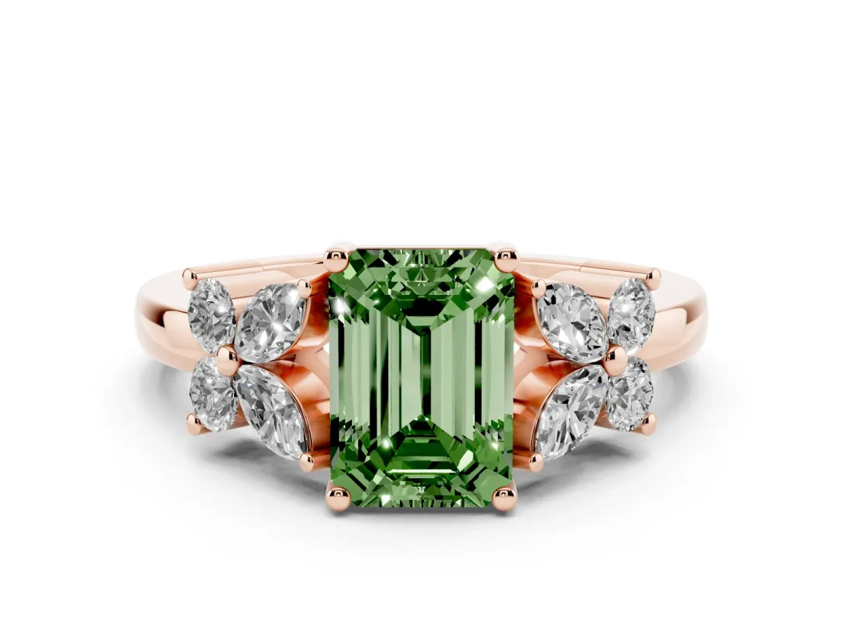 Fancy Green Emerald Cut Diamond Floral Cluster Ring with Solitaire Band and Prong Setting Rose gold