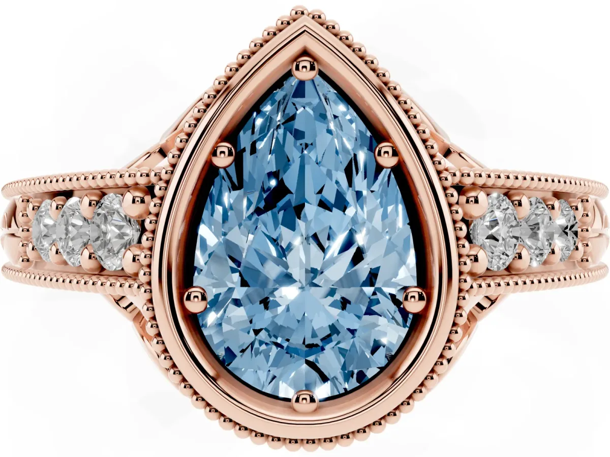 Fancy Blue Bezel Set Pear Cut Diamond Milgrain Pave Engagement Ring Rose gold