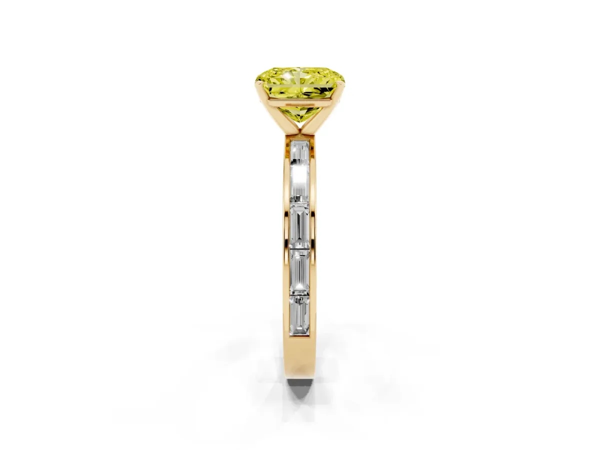 Fancy Yellow Radiant Cut Solitaire Diamond Ring with Channel-Set Baguette Band and Four-Prong Setting Yellow gold