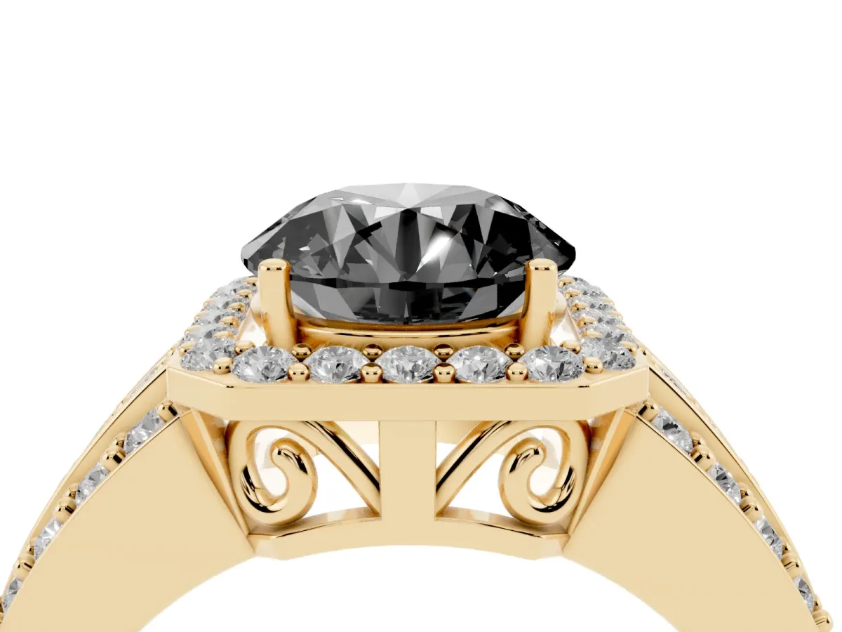 Fancy Black Round Cut Halo Diamond Ring with Round Split Shank and Prong Setting Yellow gold
