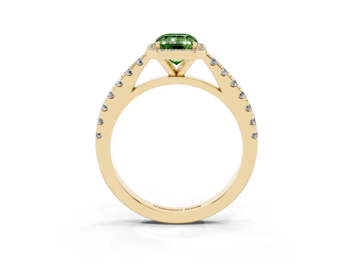 Fancy Green Emerald Cut Cut Halo Diamond Engagement Ring with Pave Band and Four-Prong Setting Yellow gold