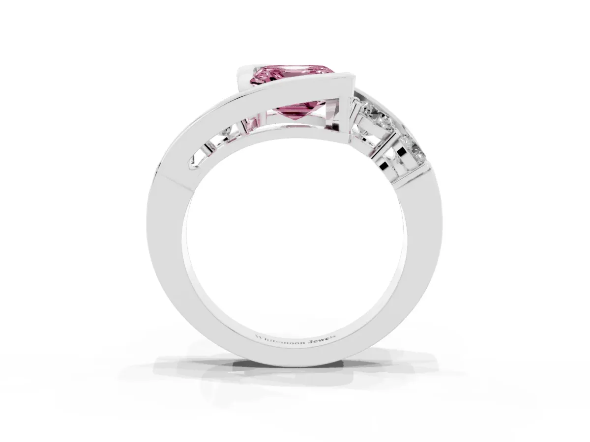Fancy Pink Bezel Set Asscher Cut Diamond Bypass Ring with Round Accents Silver
