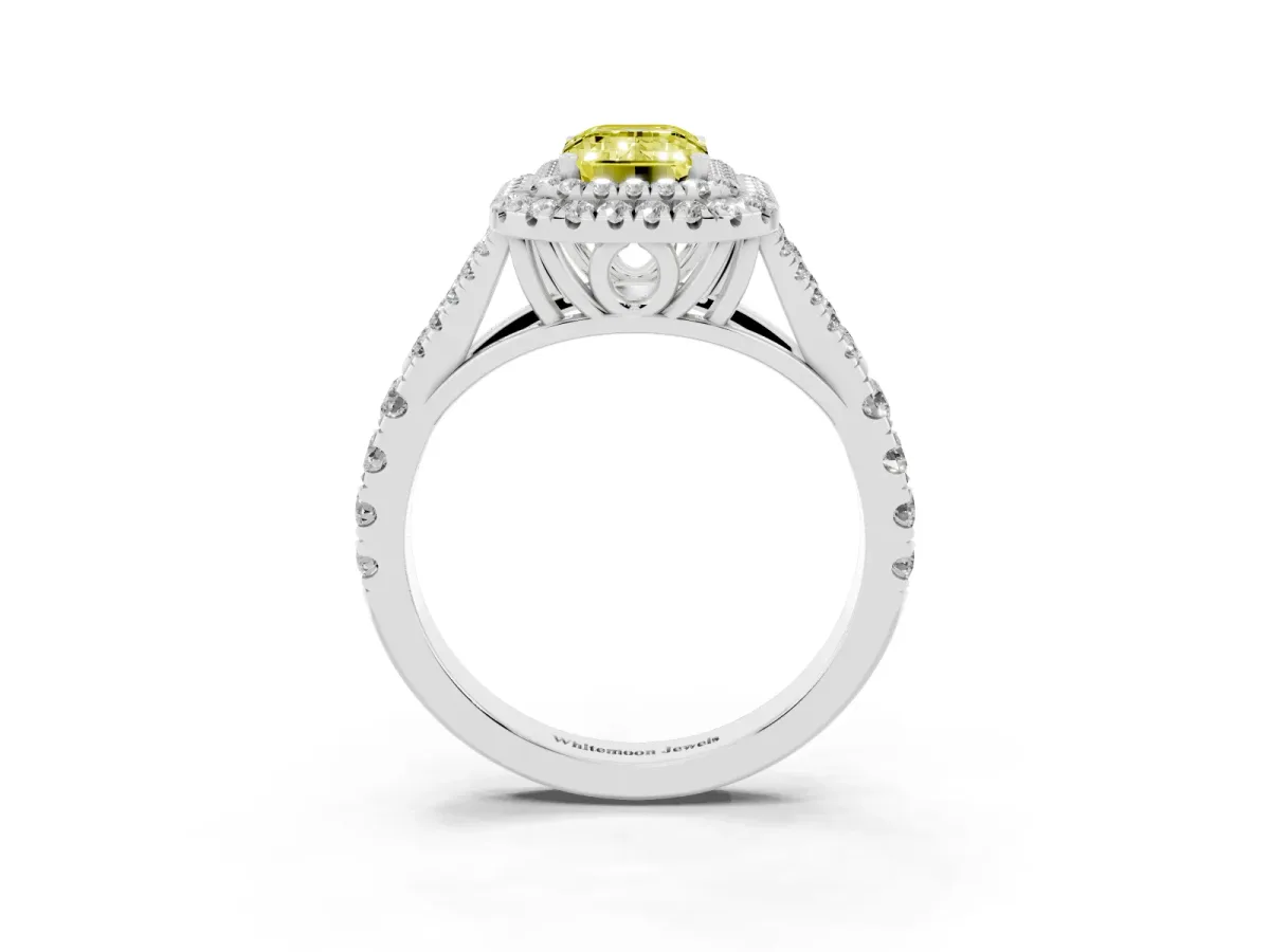 Fancy Yellow Emerald Cut Diamond Pavé Split Shank Double Halo Engagement Ring Platinum