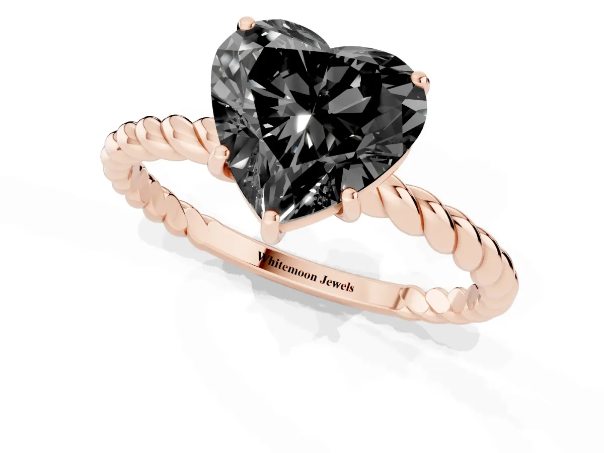 Fancy Black Heart Cut Solitaire Twisted Band 4-Prong Ring Rose gold
