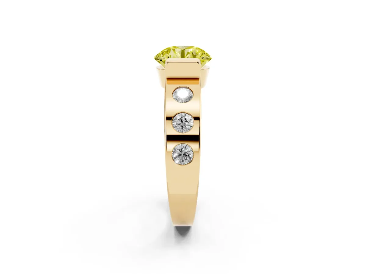 Fancy Yellow Round Cut Brilliant Channel-Set Diamond Ring with Bezel Prong Setting Yellow gold