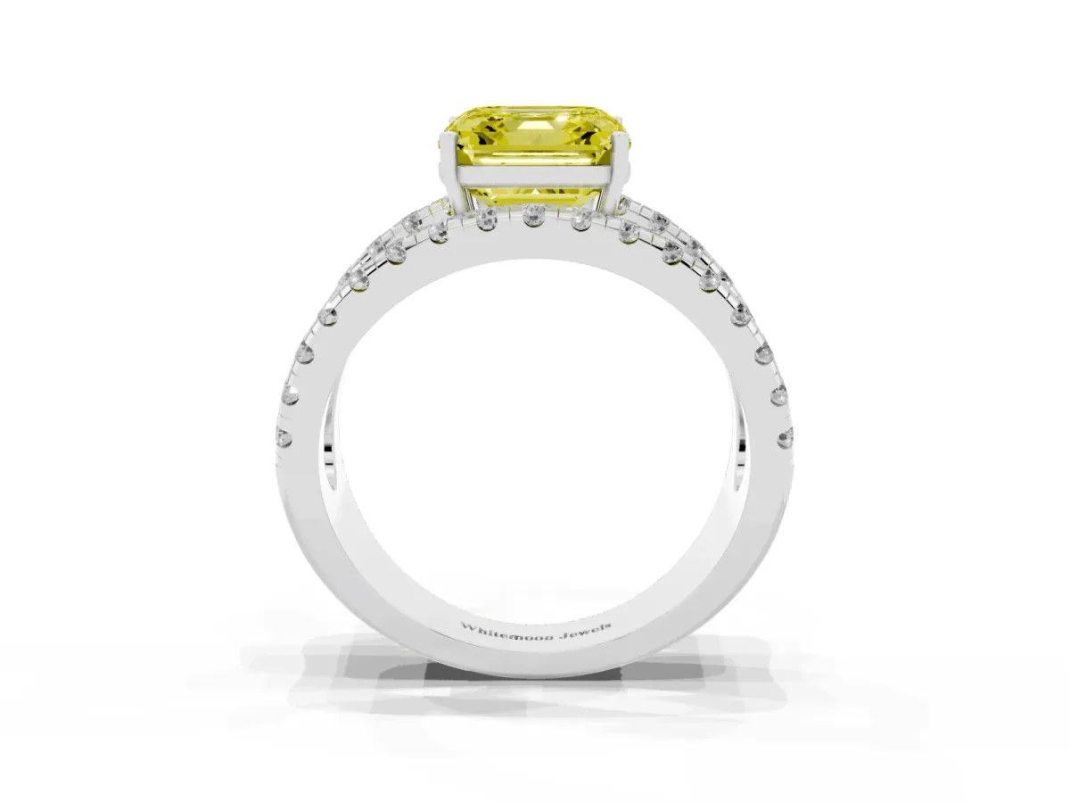 Fancy Yellow Asscher Cut Solitaire Split Shank Pave Diamond Ring Silver