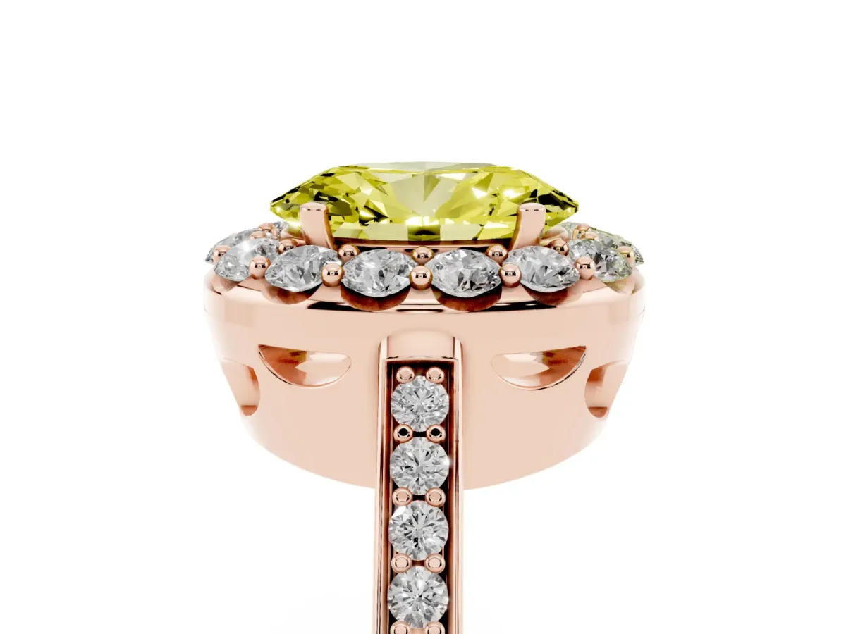 Fancy Yellow Oval Cut Diamond Floral Halo Ring with Pavé Band and Prong Setting Rose gold