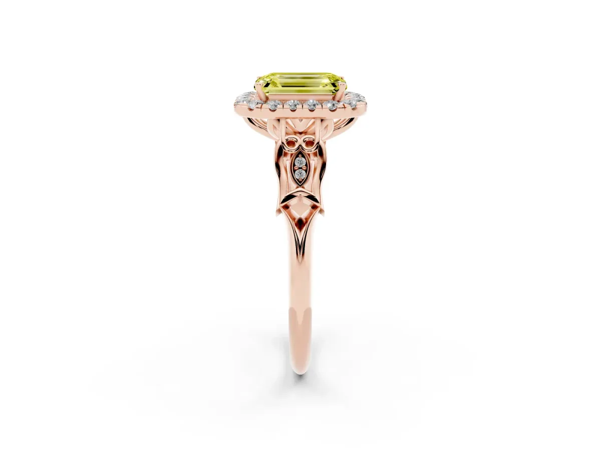 Fancy Yellow Emerald Cut Halo Diamond Engagement Ring with Filigree Band and Four-Prong Setting Rose gold