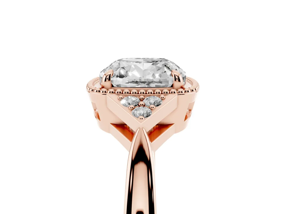 Cushion Cut Diamond Halo Ring with Tapered Band and Four-Prong Setting Rose gold
