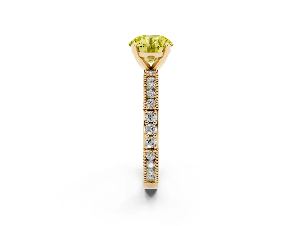 Fancy Yellow Round Cut Solitaire with Pavé Band and Four-Prong Setting Yellow gold