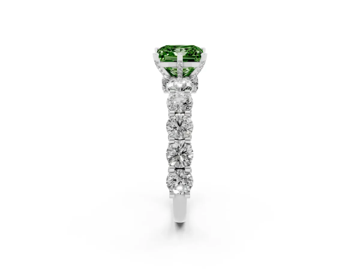 Fancy Green Princess Cut Diamond Side Stone Engagement Ring with Four-Prong Setting Silver