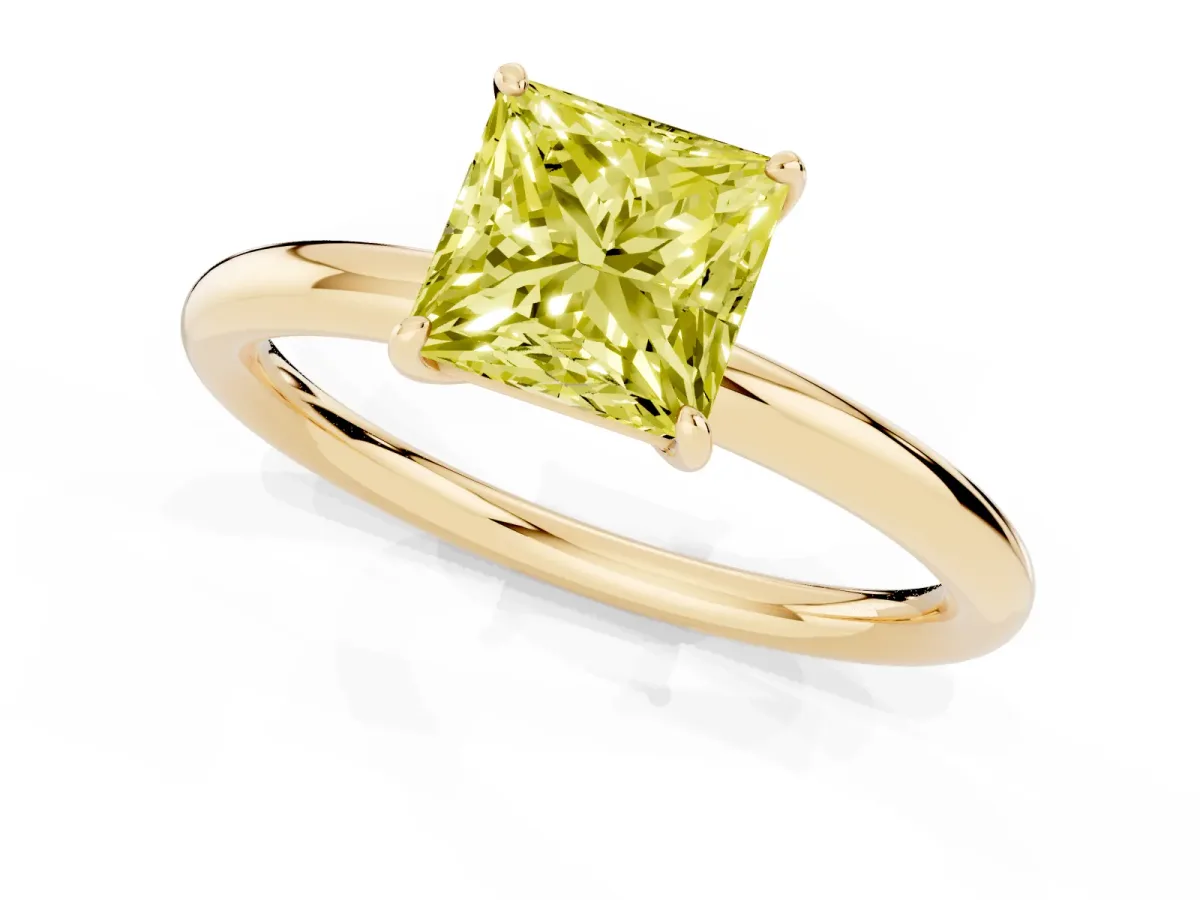 Fancy Yellow Princess Cut Solitaire Diamond Ring with Four-Prong Setting on a Plain Band Yellow gold
