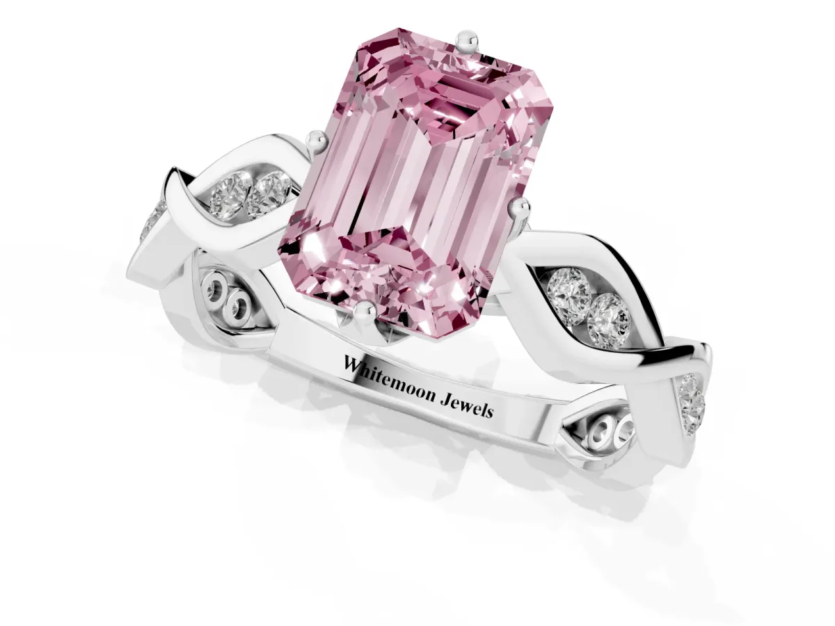 Fancy Pink Emerald Cut Solitaire Twist Band with Leaf Prong Setting White gold