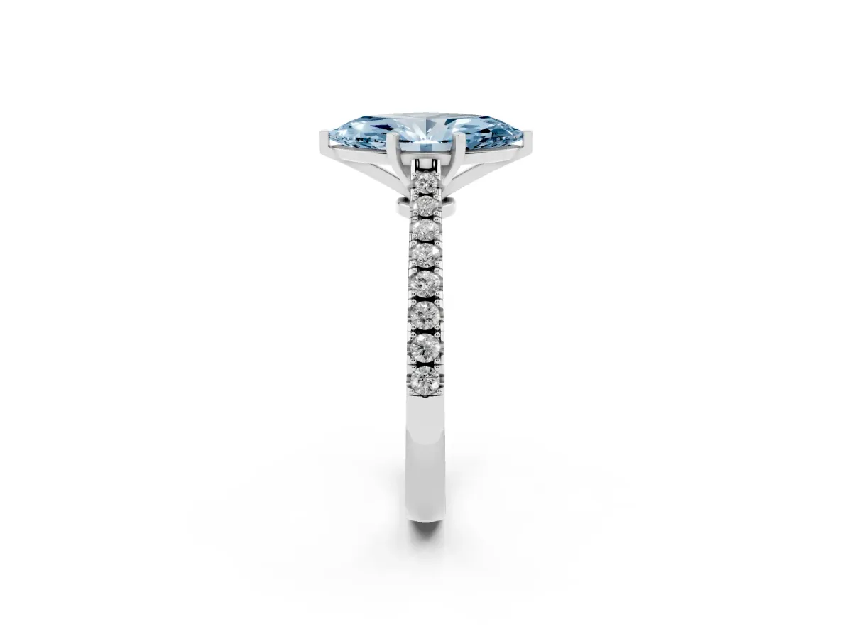 Fancy Blue Marquise Cut Cut Solitaire Diamond Engagement Ring with Pave Band and Four-Prong Setting Silver